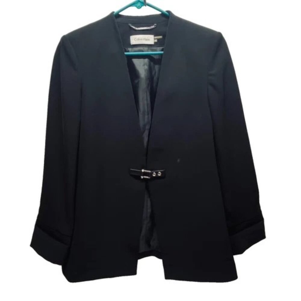 Calvin Klein Blazer Women's 8 Black Buckle Front Office Workwear Career Jacket
